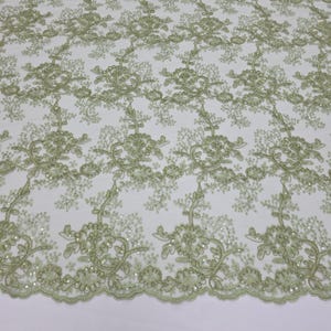 Sage Green Corded Floral Embroidery with Sequins on Mesh Lace Fabric by the Yard for Gown Prom Bridesmaid Bridal Sewing Fabric for Designer
