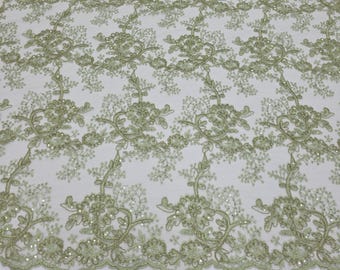 Sage Green Floral Embroidery Lace Fabric with Sequins for Dress Gowns Runners Decorations Events