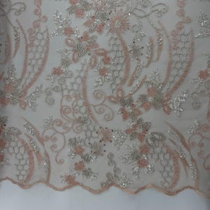Blush Beaded Fabric by the Yard Corded Floral Blush Lace Flower Pattern for Prom Dress Quinceanera Gown Sewing Fabric for Designer Couture