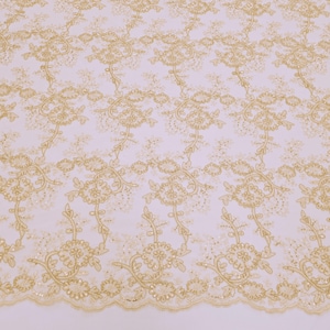 Champagne Polyester Corded Floral Embroidery with Sequins on Mesh Lace Fabric by the Yard for Prom Bridesmaid Sewing Fabric for Designer