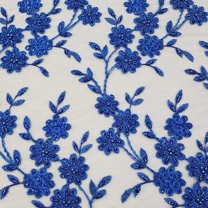 Royal Blue Beaded Fabric by the Yard Corded Floral Beads and Sequins on Mesh Lace Flower Pattern for Prom Gown Sewing Fabric for Designer