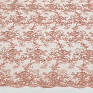 Light Rose Blush Corded Floral Embroidery with Sequins on Mesh Lace Fabric by the Yard for Gown Prom Bridesmaid Sewing Fabric for Designer