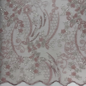 Dusty Rose Beaded Lace Fabric: Floral Corded Embroidery