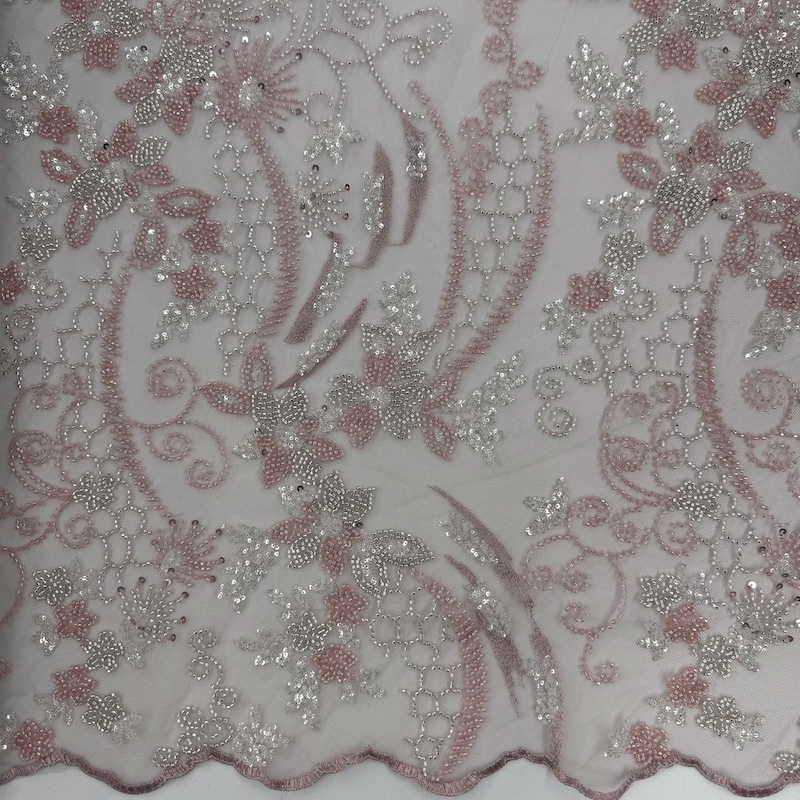 DUSTY ROSE DAMASK LACE EMBROIDERY ON A TEXTURE MESH-BY YARD. main image 1