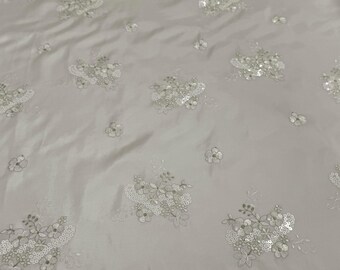 Ivory Taffeta Fabric: Floral Embroidery with Sequins, 58/60" Wide