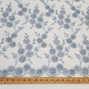 Dusty Blue Beaded Fabric by the Yard Corded Floral Beads and Sequins on Mesh Lace Flower Pattern for Prom Gown Sewing Fabric for Designer
