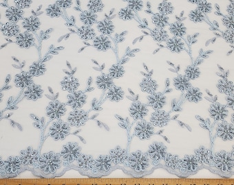 Dusty Blue Floral Beaded Lace Fabric: Sequined Mesh, Scalloped Edge