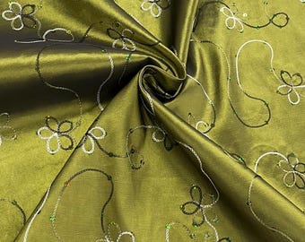 Olive Green Taffeta Fabric: Floral Embroidery with Sequins - Costume & Gown