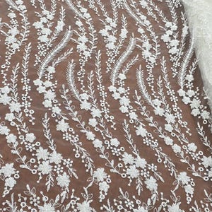 Off White Exquisite Floral Embroidery with Beaded and Sequins on Mesh Lace Fabric by the Yard for Bridal Wedding Veils Sewing Lace 52 Inches