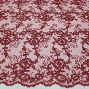 Burgundy Polyester Corded Floral Embroidery with Sequins on Mesh Lace Fabric by the Yard for Gown Prom Bridesmaid Sewing Fabric for Designer
