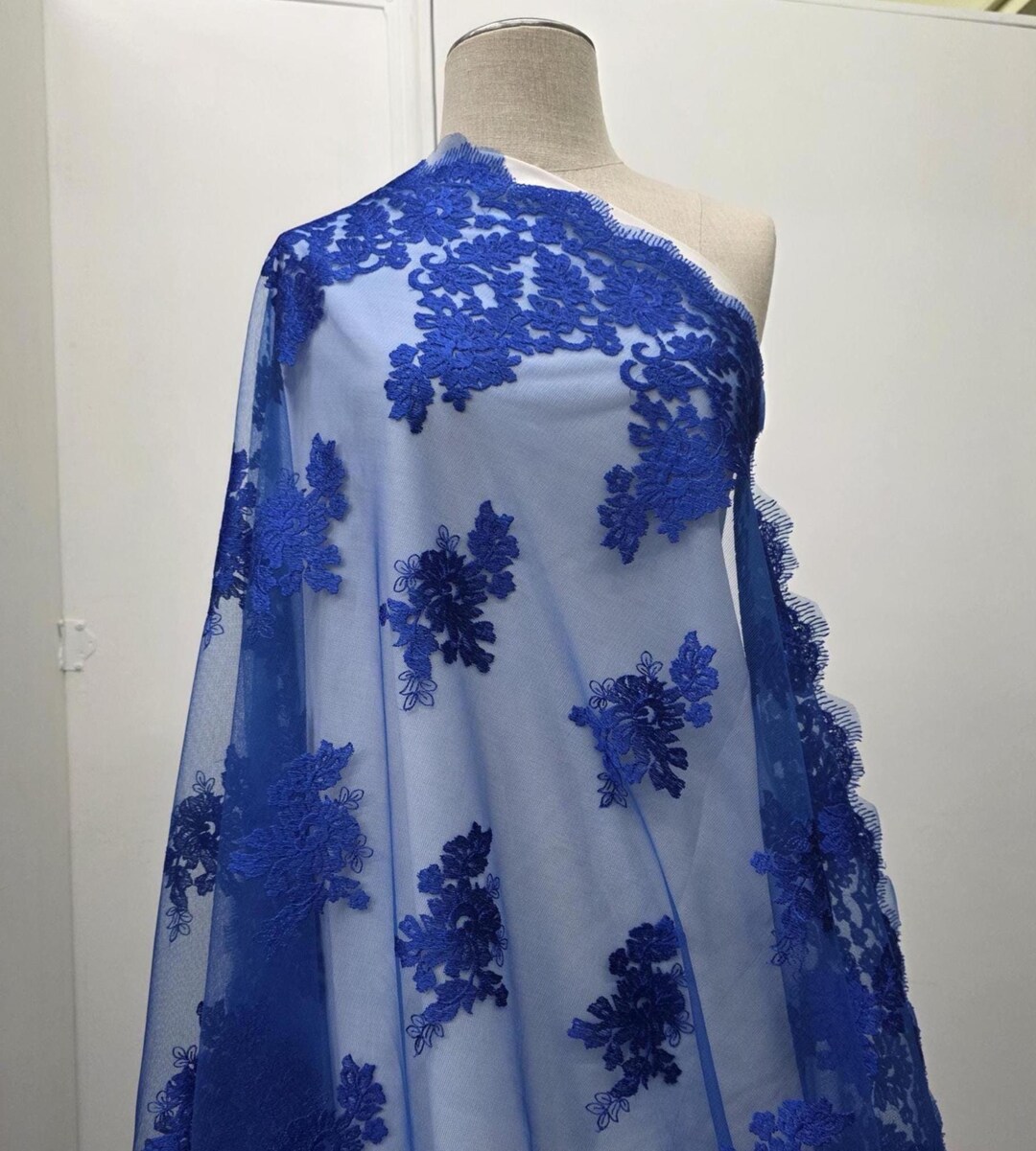 Royal Blue Floral Embroidered Mesh Lace Fabric by the Yard 52" Wide for ...
