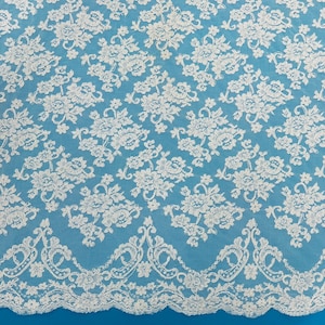 White Corded Lace Fabric by the Yard Alencon Floral Embroidery Design for Bridal Gown Wedding Dress Fabric French Lace Alencon Designer Lace