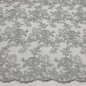 Grey Silver Metallic Corded Floral Embroidery with Sequins on Mesh Lace Fabric by the Yard for Gown Prom Dress Sewing Fabric for Designer