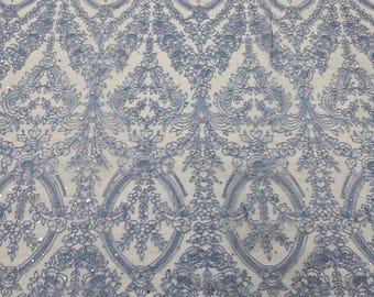 Dusty Blue Floral Embroidered Lace Fabric by the Yard - Scalloped Edge for Dress Gowns Costume