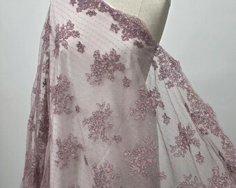 Mauve Rose Bridal Wedding French Corded Floral Alencon Embroidery Lace Fabric