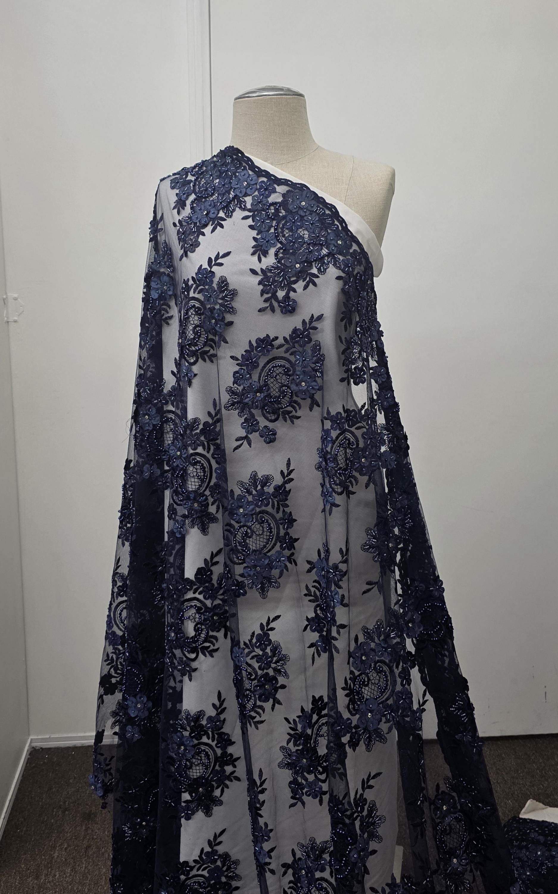 Navy Blue 3D Floral Beaded Sequin Embroidery Lace Fabric by the Yard ...