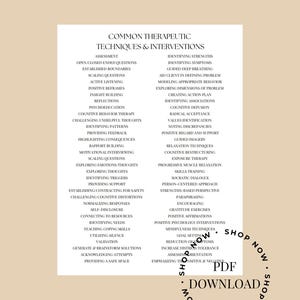 Może przedstawiać: Drukowany dokument PDF z listą typowych technik i interwencji terapeutycznych. Dokument jest podzielony na dwie kolumny, z których każda zawiera listę różnych technik i interwencji. Dokument nosi tytuł "Typowe techniki i interwencje terapeutyczne".