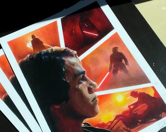 May include: A close-up of a man's face, looking to the right, with a red, orange, and yellow background. The background is divided into four panels, each depicting a scene from the Star Wars movie series. The panels show Darth Vader, Luke Skywalker, and a sunset scene.