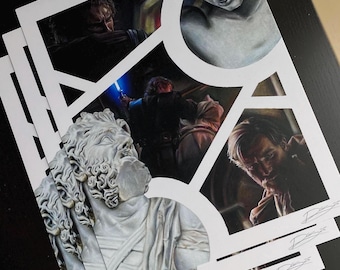 May include: A stack of art prints featuring a collage of images. The prints showcase a combination of classical sculptures and scenes from a science fiction movie. The prints are signed in the bottom right corner.