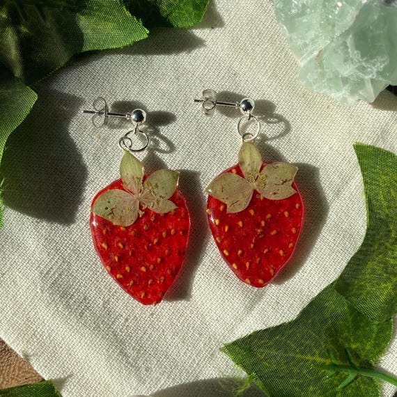 Real Dried Strawberry Earrings Dried Fruit Earrings Handmade