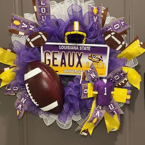 Purple and Gold LSU Football Wreath, Geaux Tigers Door Decor, Purple & Gold Mesh Wreath, Louisiana Game Day Front Door Swag, Football