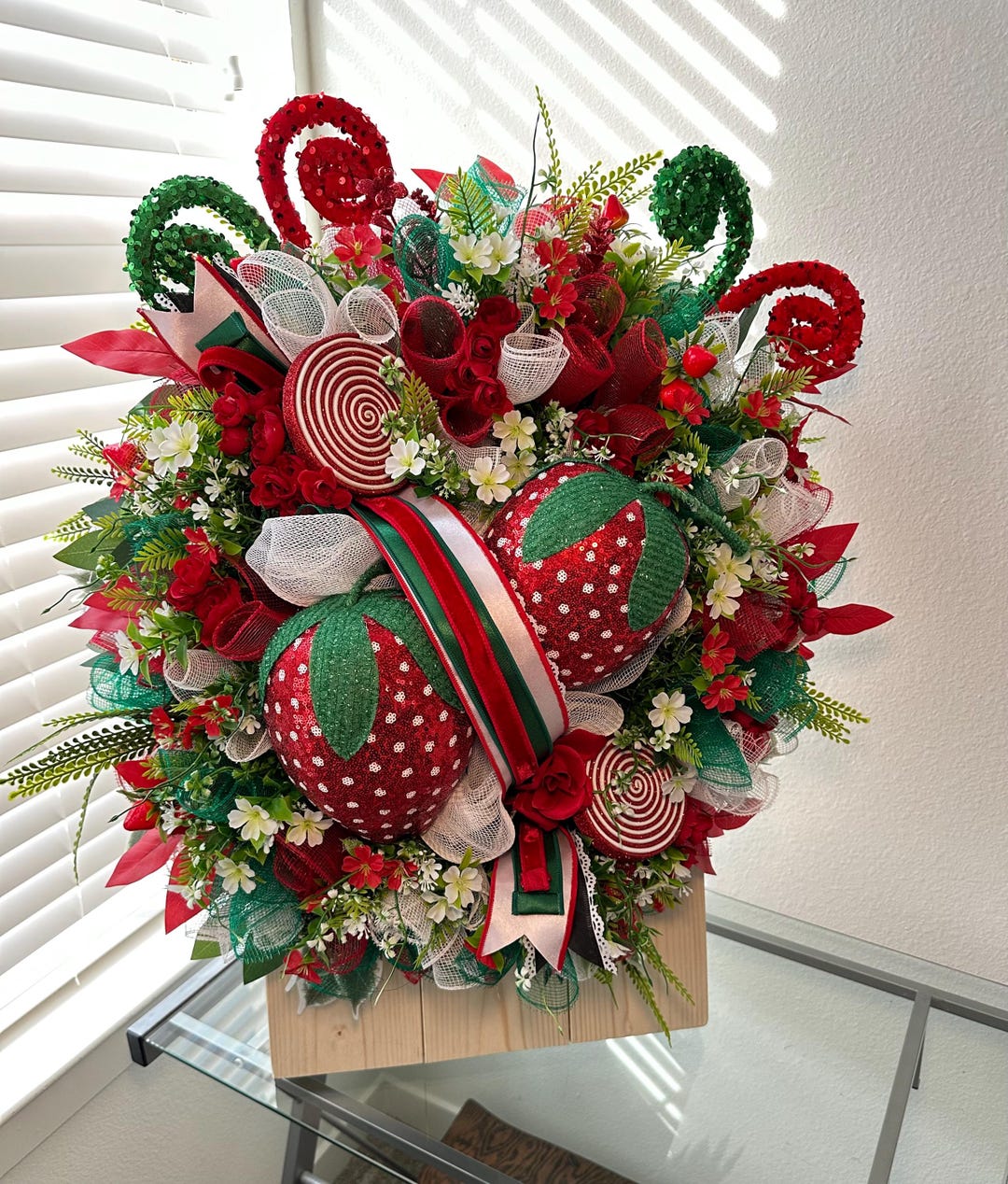 XL Strawberry Summer Door Wreath: Red, White, Green, Whimsical Porch ...