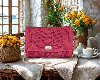 Handmade Burgundy Crochet Shoulder Bag with Gold Chain