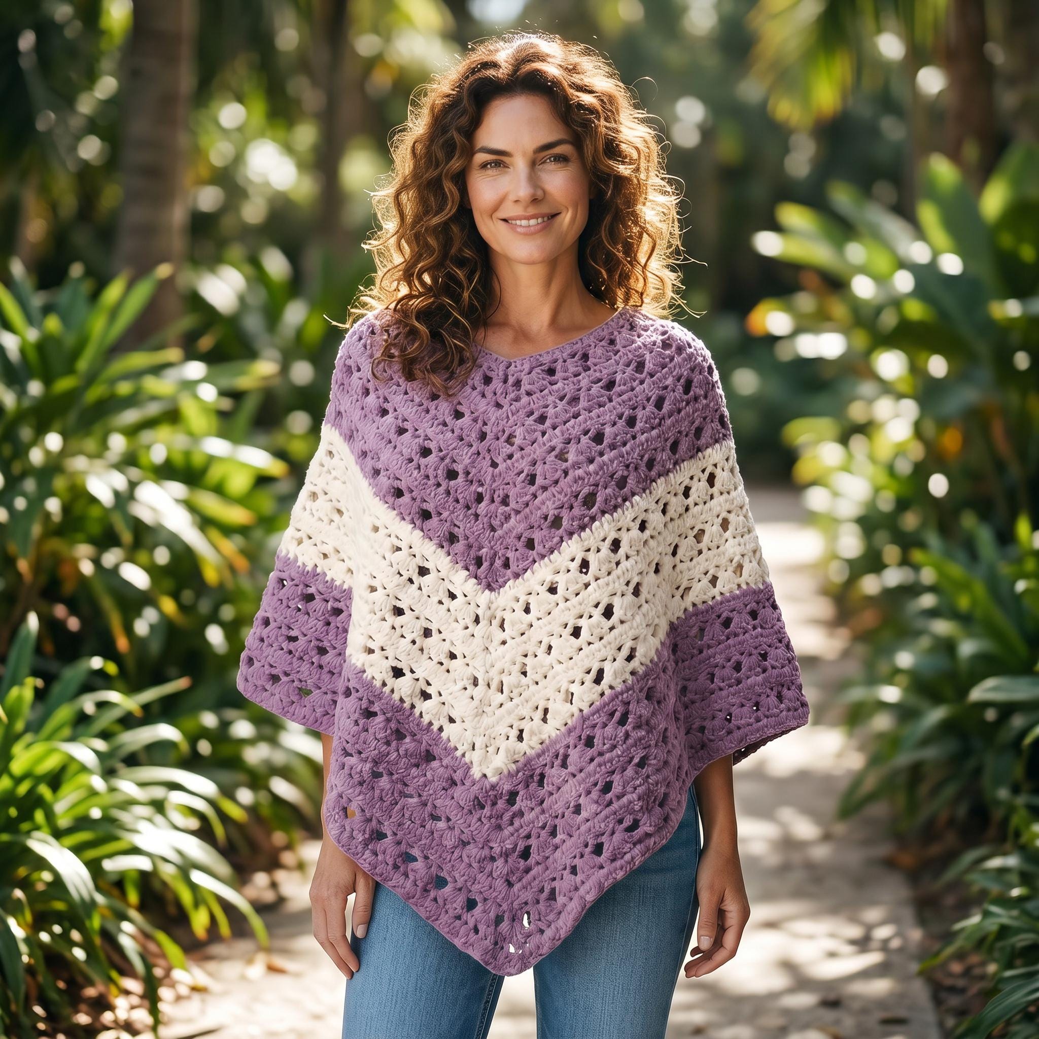 Handmade Velvet Feel Crochet Poncho - Purple and Cream Chevron Design