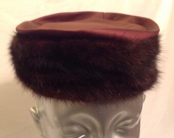 Vintage Women’s 1950-60s Brown Fur Trim Satin Pill Box Hat By Marshall Fields Co.