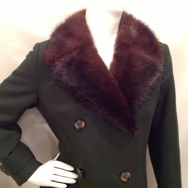 Vintage Green Wool Double Breasted Storm Coat With Brown Fur Collar Bust 38. DISCOUNTED