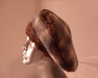 Vintage Beret Plaid Grey Brown Reversible Wool Blend With Persian Lamb  Knit Trim