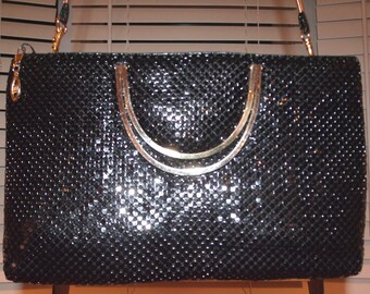 Metal Mesh Black Clutch / Purse With Fold Down Goldtone Handles My Marlo