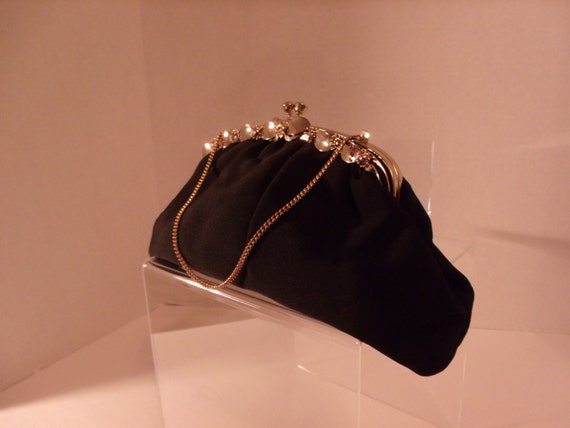 Black Clutch Gold Tone Metal Hardware With Decorative Trim Hand Chain Gold Satin Lined Evening Bag