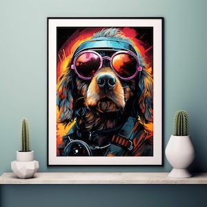 Arte de parede futurista de bulldog, arte de cachorro, estampas engraçadas de cachorro, estampas de arte cyberpunk, presente para amantes de cachorros, estampas engraçadas de animais, arte futurista
