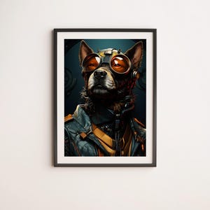 Arte murale futuristica con bulldog, opere d'arte con cani, stampe divertenti di cani, decorazioni hip hop, stampe d'arte cyberpunk, stampe murali di animali divertenti, arte futuristica
