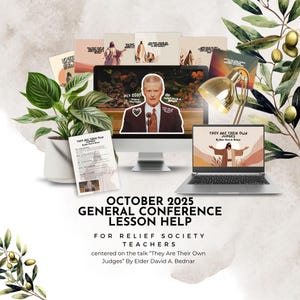 Op de afbeelding: Een desktopcomputer, laptop en gedrukte materialen worden weergegeven, met de tekst "OKTOBER 2025 ALGEMENE CONFERENTIE LES HULP" en "ZIJ ZIJN HUN EIGEN RECHTERS". De afbeelding bevat illustraties en een portret.