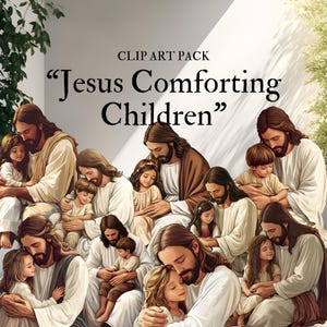 May include: Clip art pack of Jesus comforting children. The image shows Jesus surrounded by children of various ages, all looking up at him with expressions of love and trust. The image is a beautiful depiction of Jesus's love for children.