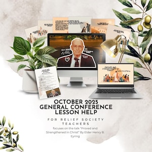 May include: A digital display with the text "OCTOBER 2025 GENERAL CONFERENCE LESSON HELP" and "Proved and Strengthened in Christ." The image includes a computer, laptop, and printed materials, along with a potted plant and decorative olive branches.