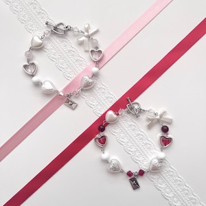 Pulsera con carta de amor ⊹ San Valentín, coqueta, muñeca, lovecore, romántica, vintage, americana, plata, rosa, corazón rojo, cuarzo, sobre, joyería