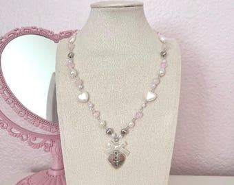 cross my heart necklace ⊹ angelic coquette delicate sweet dollette morute vintage silver pink white pearl ribbon bow heart cross jewelry