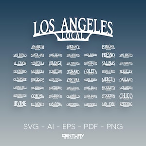 以下が含まれることがあります： 「LOS ANGELES LOCAL」のテキストと都市のリストが特徴のグラフィックデザイン。 SVG、AI、EPS、PDF、PNGのファイル形式が含まれています。 背景は青のグラデーションです。