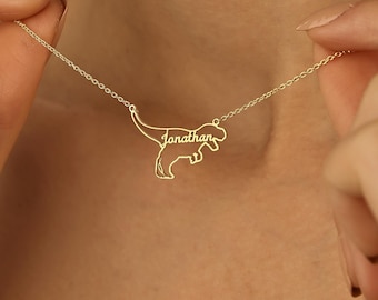 Personalized T-Rex Dinosaur Necklace, Custom Name Gold Plated Jewelry, Birthday Gift for Kids