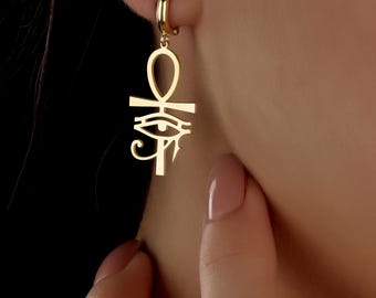 Örhängen med Ra's öga, egyptiska skyddsörhängen, Ankh Hoop-örhängen, andliga smycken, örhängen med forntida symboler, iögonfallande örhängen