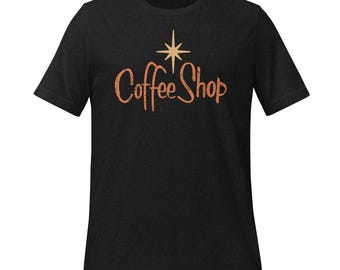 T-shirt Atomic Coffee Shop – T-shirt met modern retro café-logo uit het midden van de eeuw