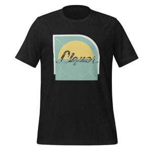 May include: A black t-shirt featuring a graphic design of a yellow sun and a teal square with the word "Liquor" in a stylised font.