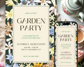 May include: A garden party invitation with floral border and the text "GARDEN PARTY" in large letters. The invitation includes details for Olivia's 16th birthday, date, time, and RSVP information. A smartphone displays the same invitation.