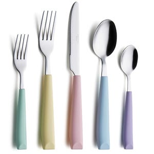 Op de afbeelding: Een set van vijf stuks roestvrijstalen bestek met pastelkleurige handvatten. De set bevat twee vorken, een mes en twee lepels. De handvatten zijn in tinten groen, geel, roze, blauw en paars. Op het mes staat het woord "ANNOVA".