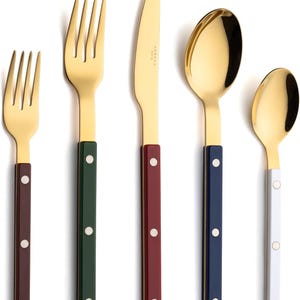 May include: A five-piece flatware set featuring gold-toned metal heads and multi-colored handles. The set includes a small fork with a brown handle, a large fork with a green handle, a knife with a red handle, a spoon with a blue handle, and a small spoon with a white handle. Each handle is secured with three silver-toned rivets.