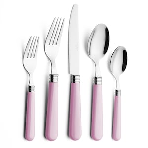 May include: A five-piece flatware set with stainless steel heads and light pink handles. The set includes a knife, a dinner spoon, a teaspoon, and two forks. The handles have a smooth, rounded shape and are accented with a silver band near the head.