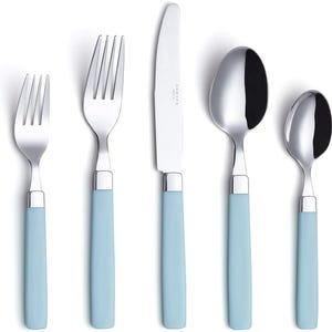 May include: A five-piece stainless steel flatware set with light blue handles. The set includes a knife, two forks, and two spoons. The knife has the brand name "ANNOVA" printed on the blade. The handles are a solid light blue color.